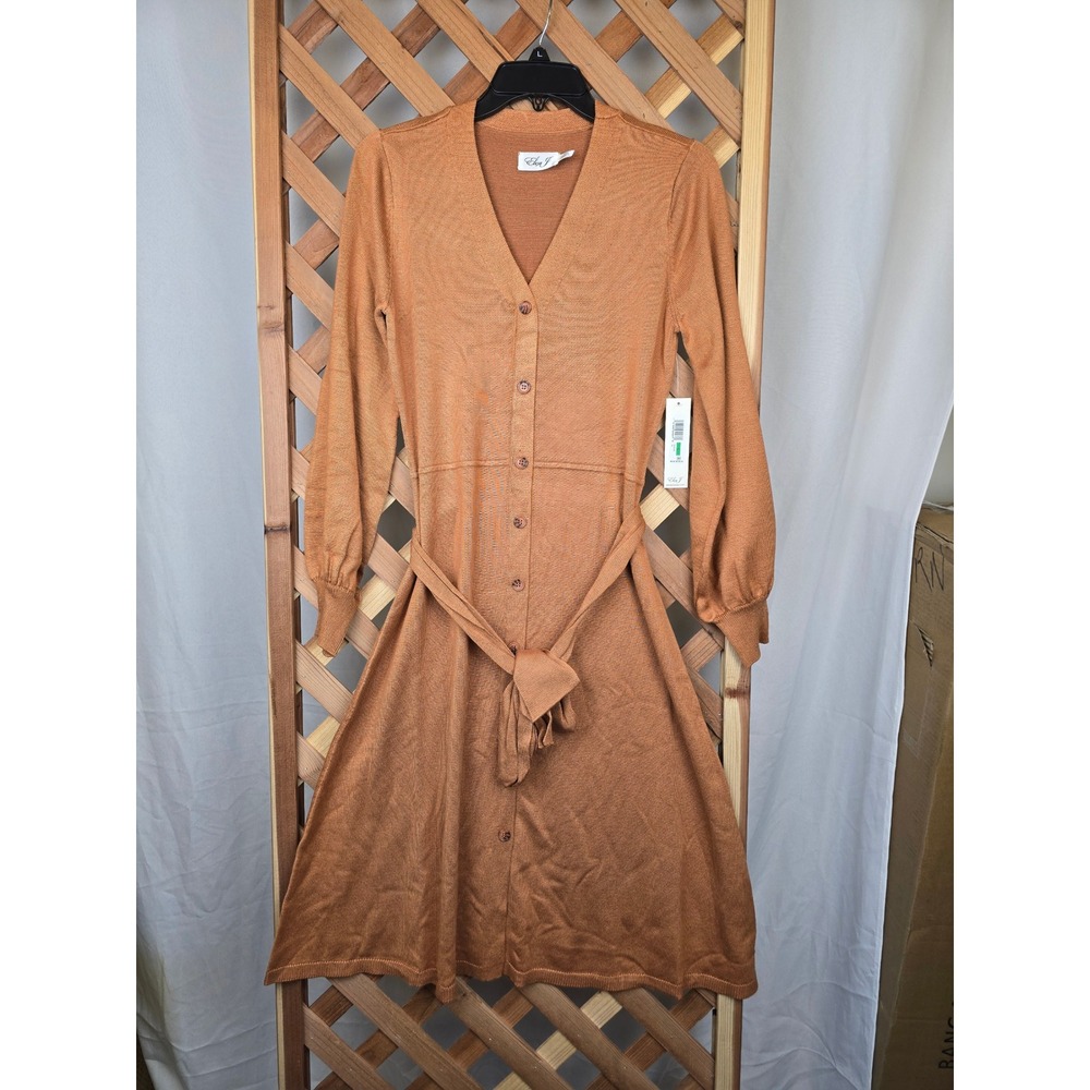 Eliza J Sweater Dress Womens L Brown Long Sleeve V-Neck Belted Button - New